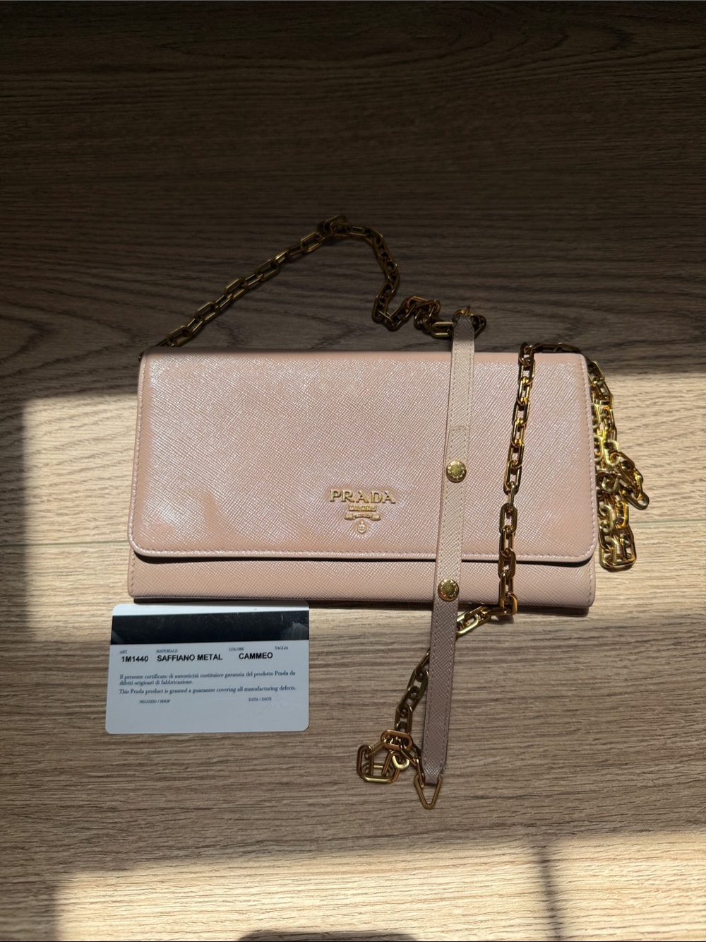 Prada Cameo Pink Saffiano Crossbody Wallet with Gold Chain